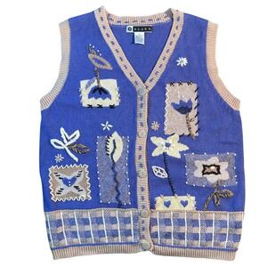 Vtg Knit Sweater Vest Floral Applique V Neck Button Front M Grannycore Grandma